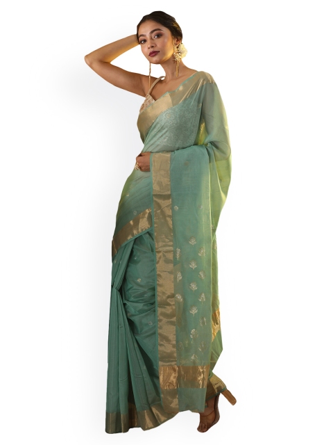 

Aryavart Sea Green & Gold-Toned Silk Cotton Woven Design Chanderi Saree