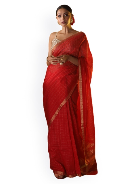 

Aryavart Red & Gold-Toned Silk Cotton Checked Kota Saree