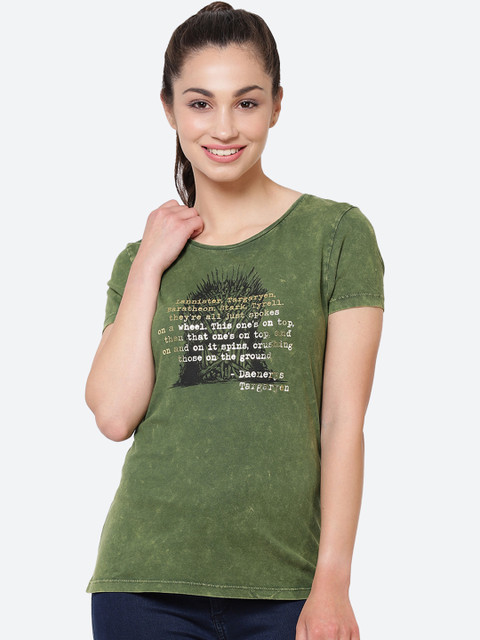 

Free Authority Women Olive Green Printed Round Neck T-shirt