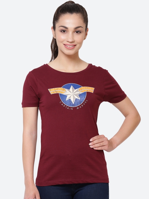 

Free Authority Women Maroon Captain Marvel Print Round Neck T-shirt