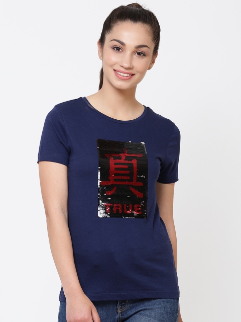 

Free Authority Women Navy Blue Printed Round Neck T-shirt