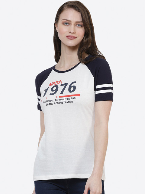 

Free Authority Women Off-White & Navy Blue Nasa Print Round Neck T-shirt