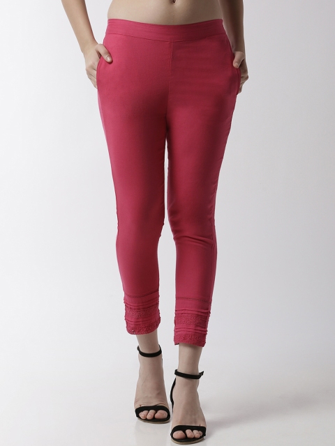 

De Moza Women Fuchsia Pink Tapered Fit Solid Lace Cigarette Trousers