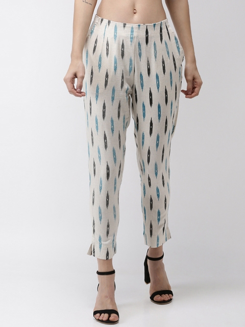 

De Moza Women Off-White & Blue Tapered Fit Self Design Cigarette Trousers