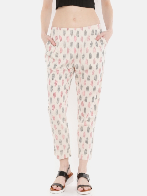 

De Moza Women Off-White & Black Tapered Fit Printed Cigarette Trousers