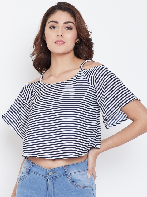 

AASK Women Navy Blue Striped Boxy Crop Top