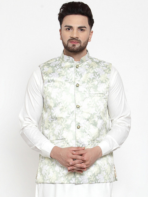 

Jompers Men Green & White Printed Nehru Jacket