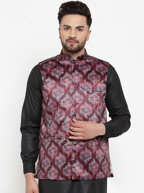 

Jompers Men Maroon & White Printed Nehru Jacket