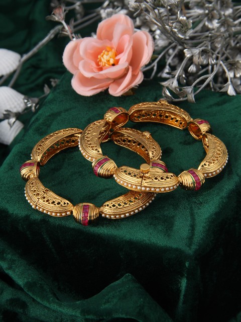 

Adwitiya Collection Set of 2 24K Gold-Plated & Pink Stone-Studded Handcrafted Bangles
