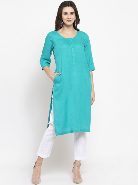 

Ayaany Women Sea Green Solid Straight Kurta