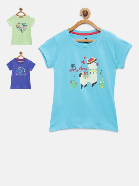 

Cub McPaws Girls Pack of 3 Printed Round Neck T-shirts, Blue