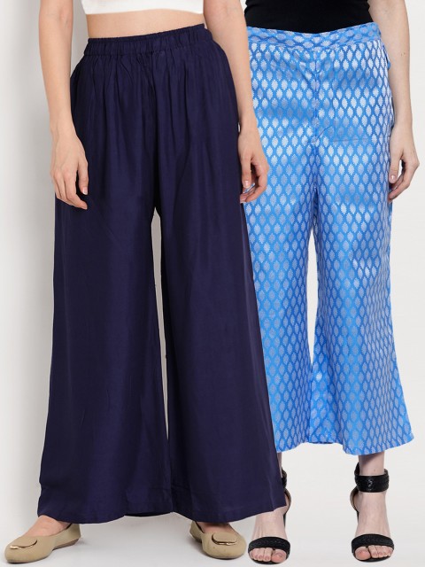 

TAG 7 Women Pack Of 2 Flared Palazzos, Navy blue