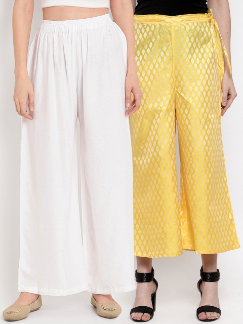 

TAG 7 Women Pack Of 2 White and Yellow Self Design Flared Palazzos