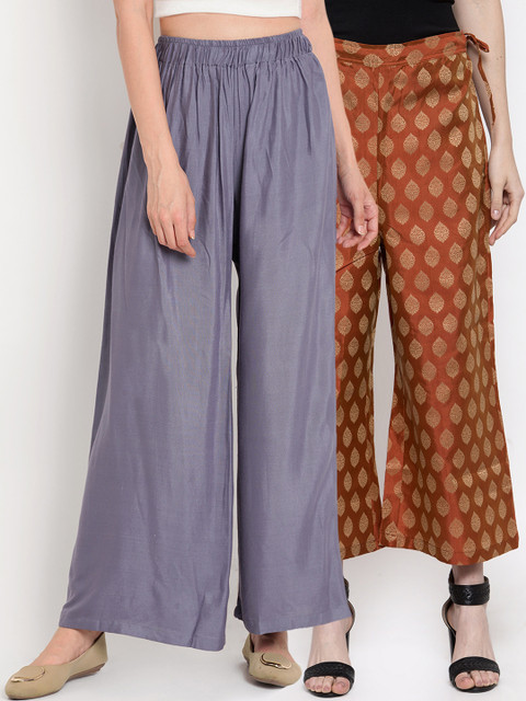 

TAG 7 Women Pack Of 2 Grey and Rust Orange Self Design Flared Palazzos