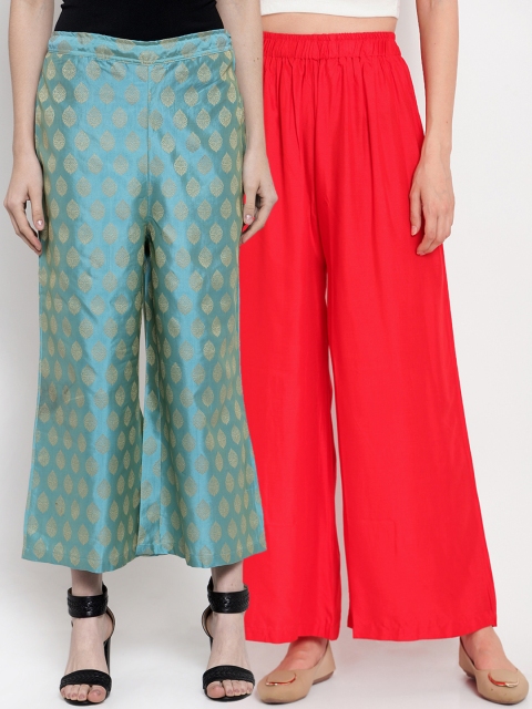 

TAG 7 Women Pack Of 2 Red and Sea Green Self Design Flared Palazzos