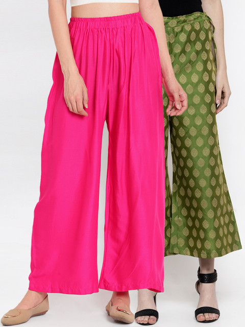 

TAG 7 Women Pack Of 2 Fuchsia Pink and Green Self Design Flared Palazzos