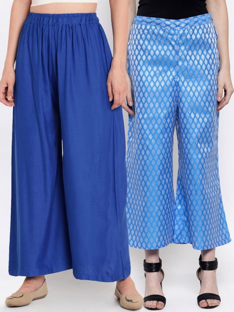 

TAG 7 Women Pack Of 2 Blue Self Design Flared Palazzos