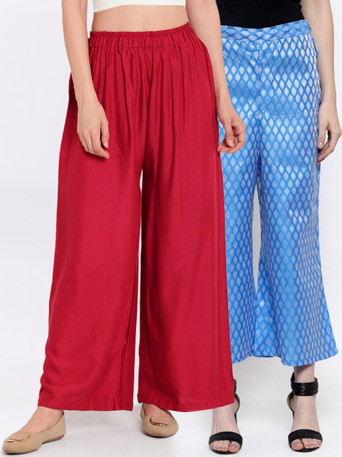 

TAG 7 Women Pack Of 2 Maroon and Blue Self Design Flared Palazzos