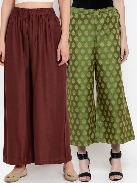 

TAG 7 Women Pack Of 2 Brown and Green Self Design Flared Palazzos