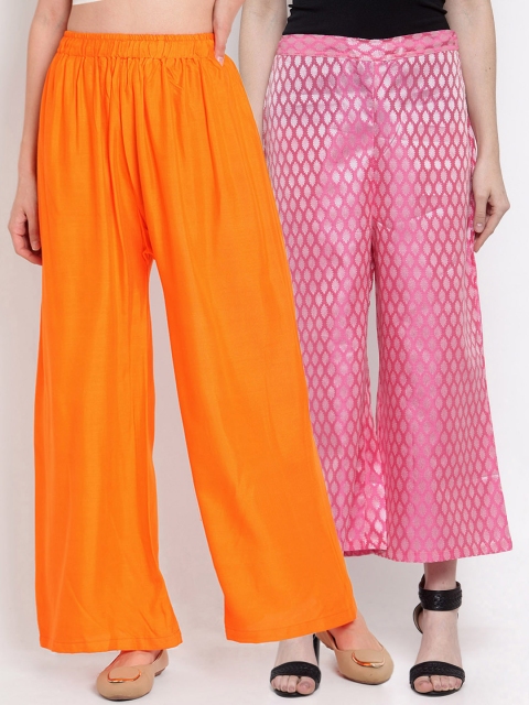 

TAG 7 Women Pack of 2 Self Design Flared Palazzos, Orange