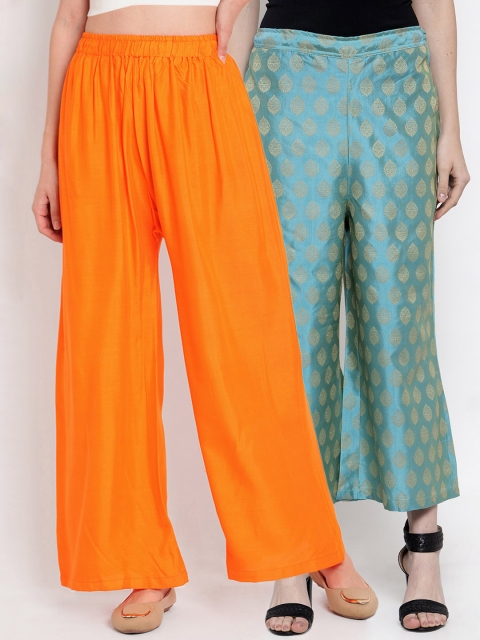 

TAG 7 Women Pack of 2 Self Design Flared Palazzos, Orange