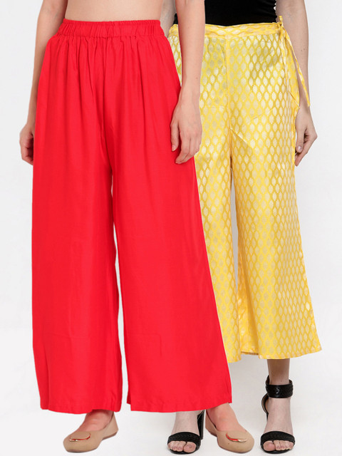 

TAG 7 Women Pack of 2 Red & Yellow Self Design Flared Palazzos