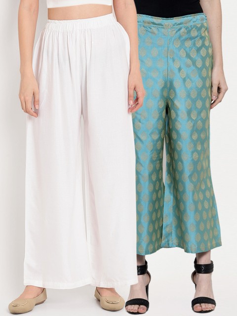 

TAG 7 Women Pack Of 2 White & Sea Green Self Design Flared Palazzos