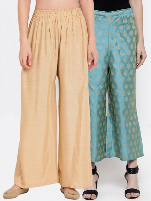 

TAG 7 Women Set of 2 Beige & Sea Green Flared Palazzos