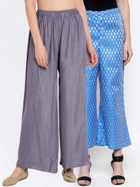 

TAG 7 Women Pack Of 2 Grey & Blue Solid Flared Palazzos
