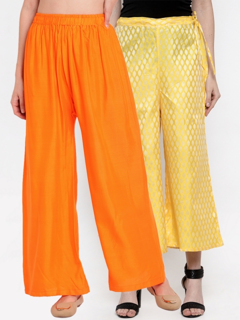 

TAG 7 Women Pack Of 2 Orange & Yellow Self Design Flared Palazzos