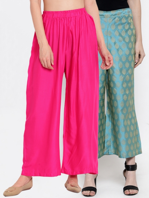 

TAG 7 Women Pack of 2 Self Design Wide Leg Palazzos, Fuchsia
