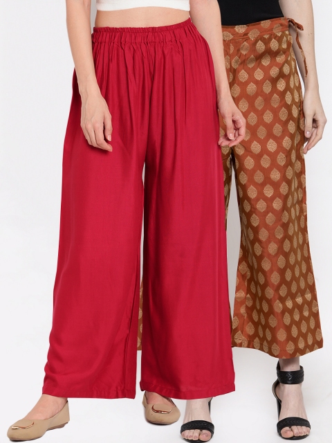 

TAG 7 Women Pack Of 2 Maroon & Rust Orange Self Design Flared Palazzos
