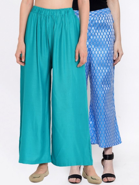 

TAG 7 Women Pack Of 2 Flared Palazzos, Turquoise blue