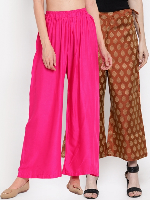 

TAG 7 Women Pack Of 2 Fuchsia Pink & Rust Orange Self Design Flared Palazzos