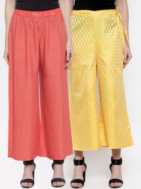 

TAG 7 Women Set of 2 Peach-Coloured & Yellow Self Design Flared Palazzos