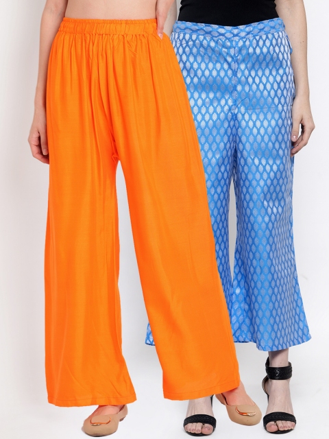

TAG 7 Women Set of 2 Orange & Blue Self Design Flared Palazzos