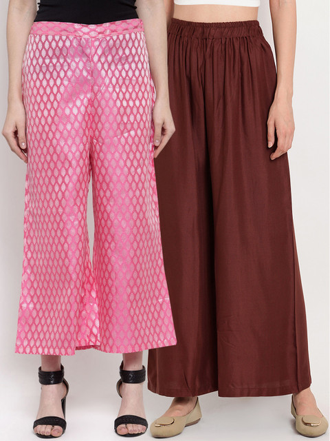 

TAG 7 Women Pack Of 2 Brown & Pink Self Design Flared Palazzos