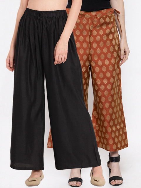 

TAG 7 Women Pack Of 2 Black & Rust Red Solid Flared Palazzos