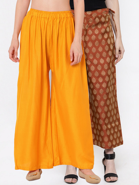

TAG 7 Women Pack Of 2 Mustard Yellow & Rust Orange Self Design Flared Palazzos