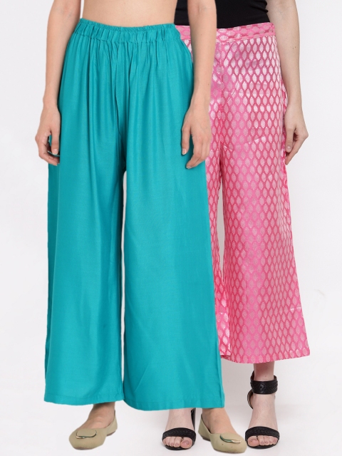 

TAG 7 Women Pack of 2 Flared Palazzos, Turquoise blue