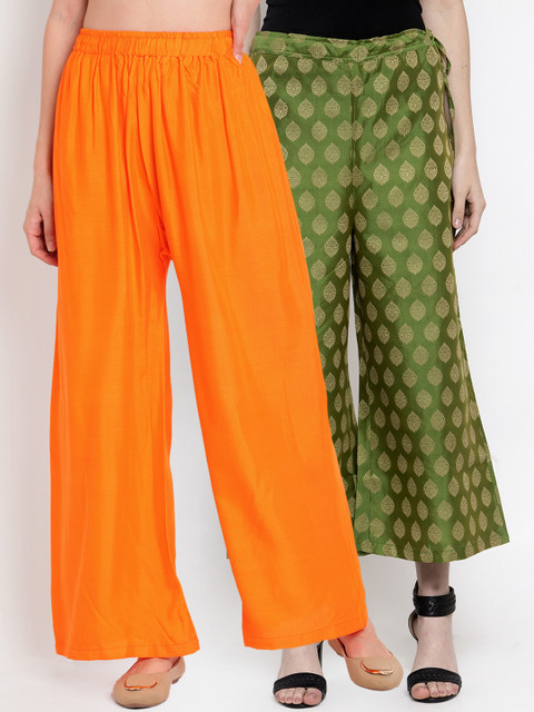 

TAG 7 Women Pack Of 2 Self Design Flared Palazzos, Orange