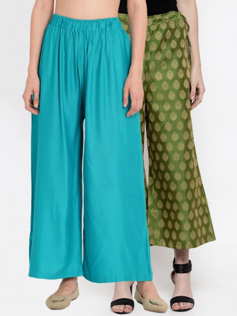 

TAG 7 Women Pack Of 2 Flared Palazzos, Turquoise blue