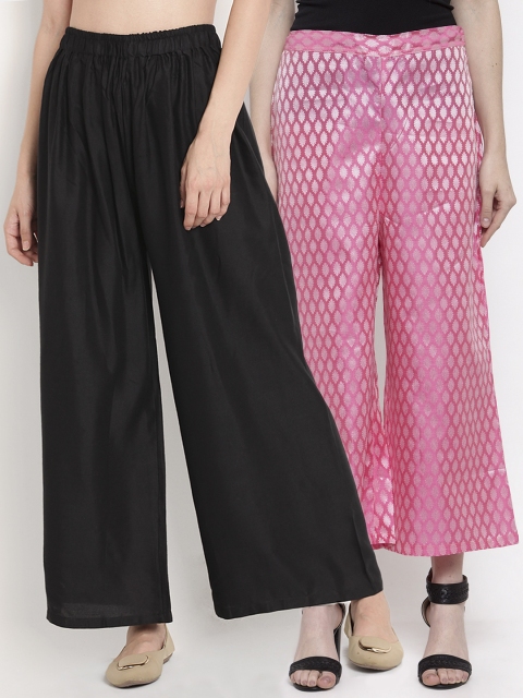 

TAG 7 Women Pack of 2 Self Design Flared Palazzos, Black