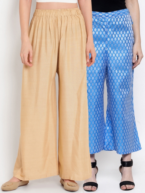 

TAG 7 Women Set Of 2 Beige & Blue Self Design Flared Palazzos