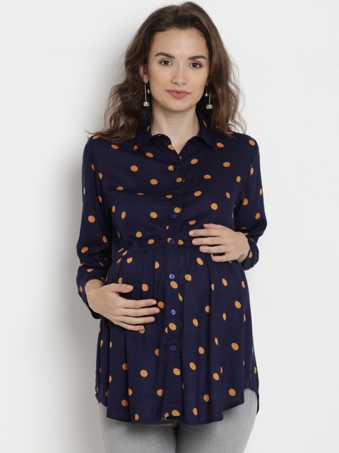 

Mine4Nine Women Navy Blue & Yellow Printed Maternity Shirt Style Top