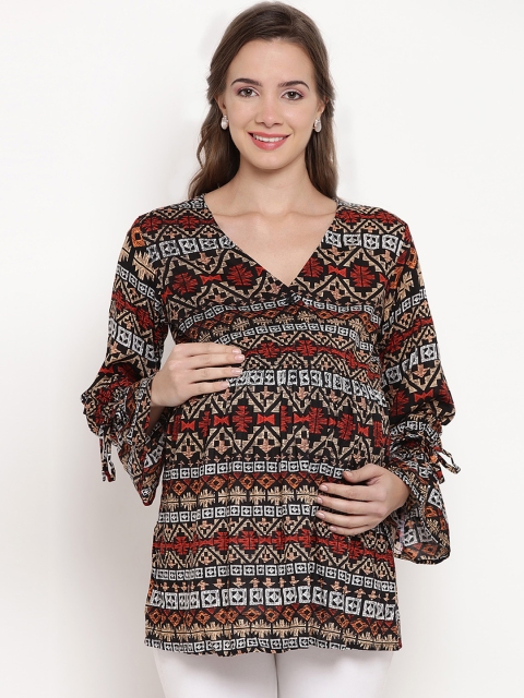 

Mine4Nine Women Beige & Orange Printed Bell Sleeve A-Line Top