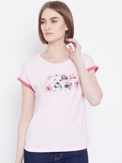 

METTLE Women Pink Star Wars Printed Round Neck T-shirt