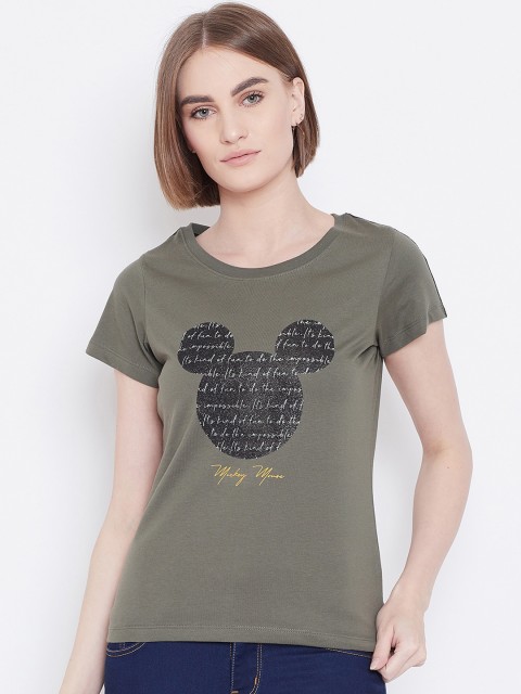 

METTLE Women Olive Green Printed Round Neck T-shirt