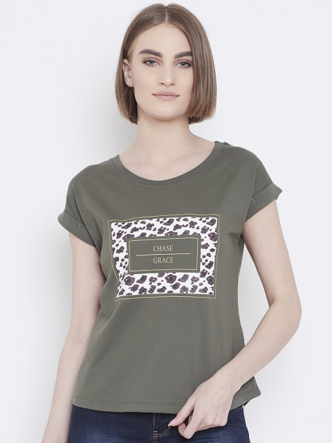 

METTLE Women Olive Green Printed Round Neck T-shirt