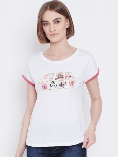 

METTLE Women White Star Wars Printed Round Neck T-shirt